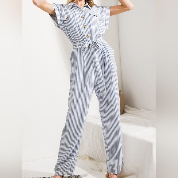 Flying Tomato Striped Jumpsuit with Belt, Button Down, Short Sleeve, S - Picture 12 of 14